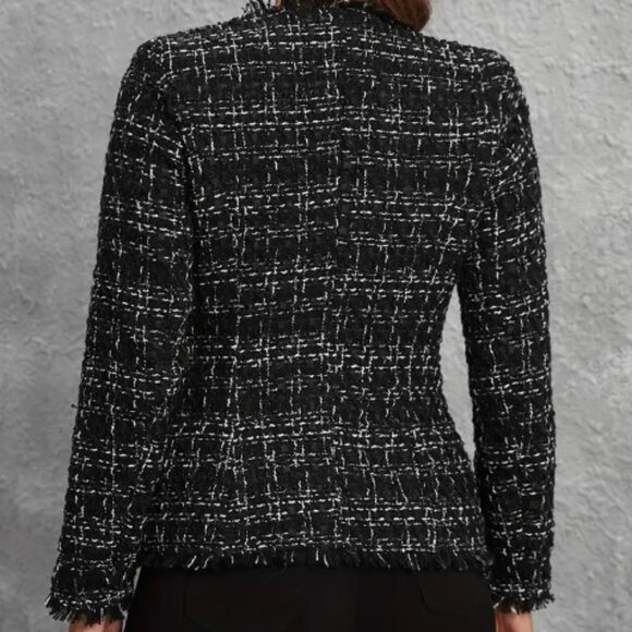 Chic Button Front Tweed Fringe Jacket - Blk/Wht - Size L - Picture 3 of 5